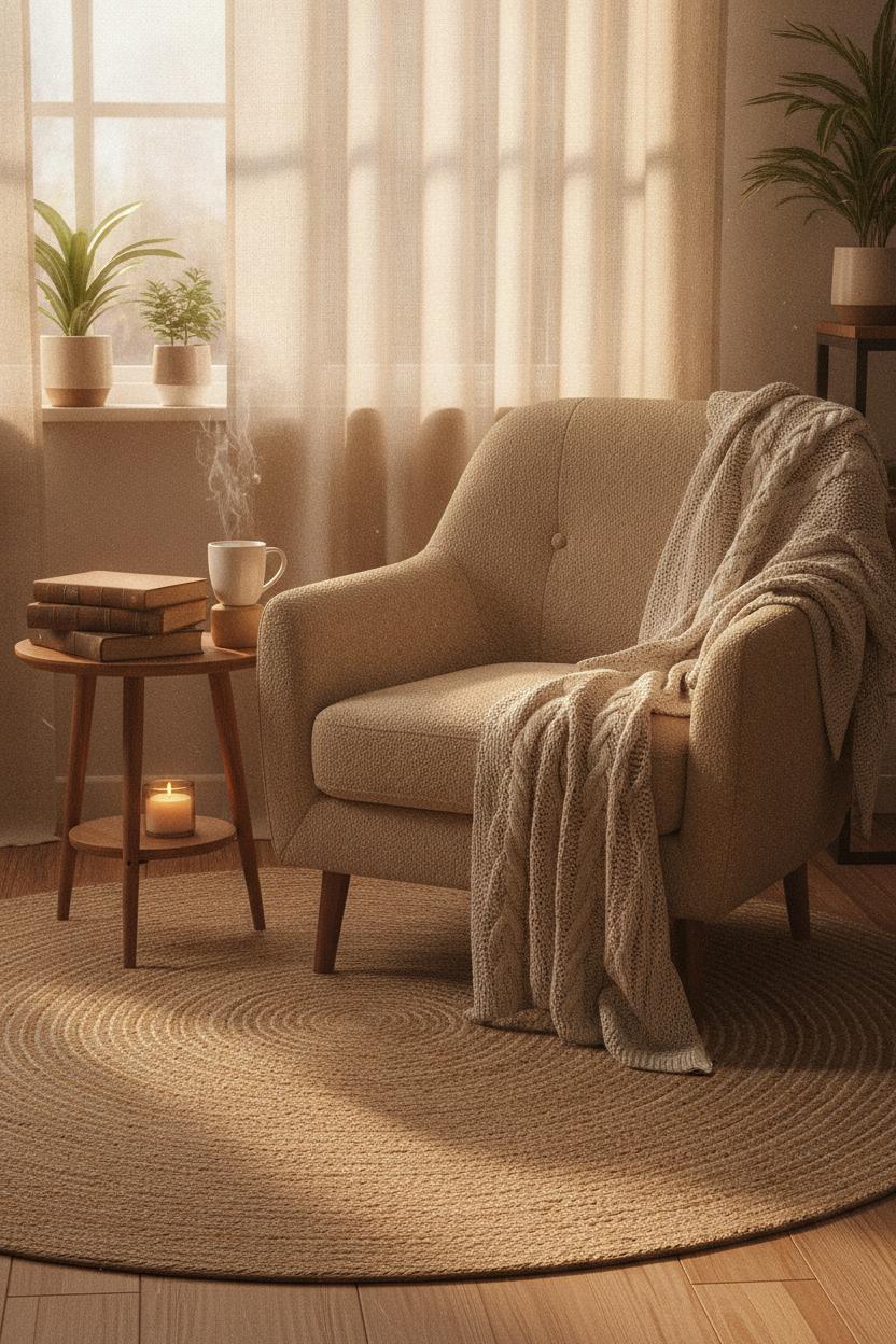 Hygge living room essential decor pieces: boucle armchair, books, candle, knitted blanket, and steaming mug by a sunlit window