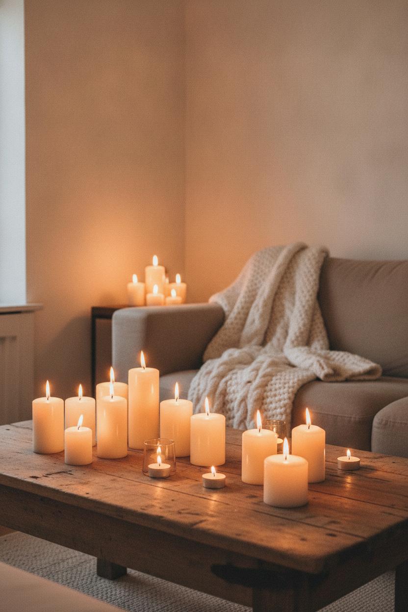 Cozy hygge living room essential decor pieces with lit pillar candles on rustic wooden table and chunky knit throw