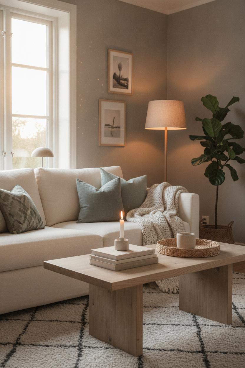 Cozy Scandinavian living room with cream sofa and styled coffee table — weekend home makeover on a budget