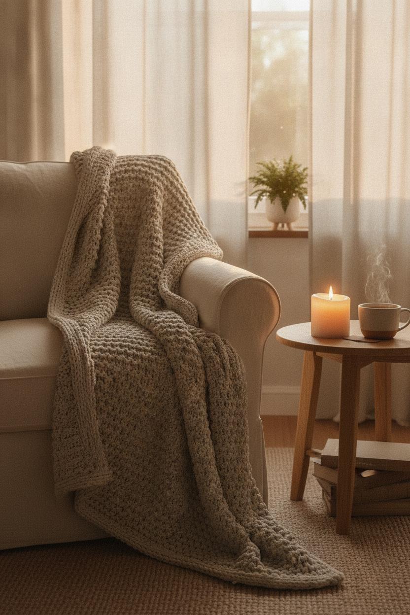 Hygge reading nook with chunky knit throw, candle, and tea — cozy weekend home makeover on a budget ideas