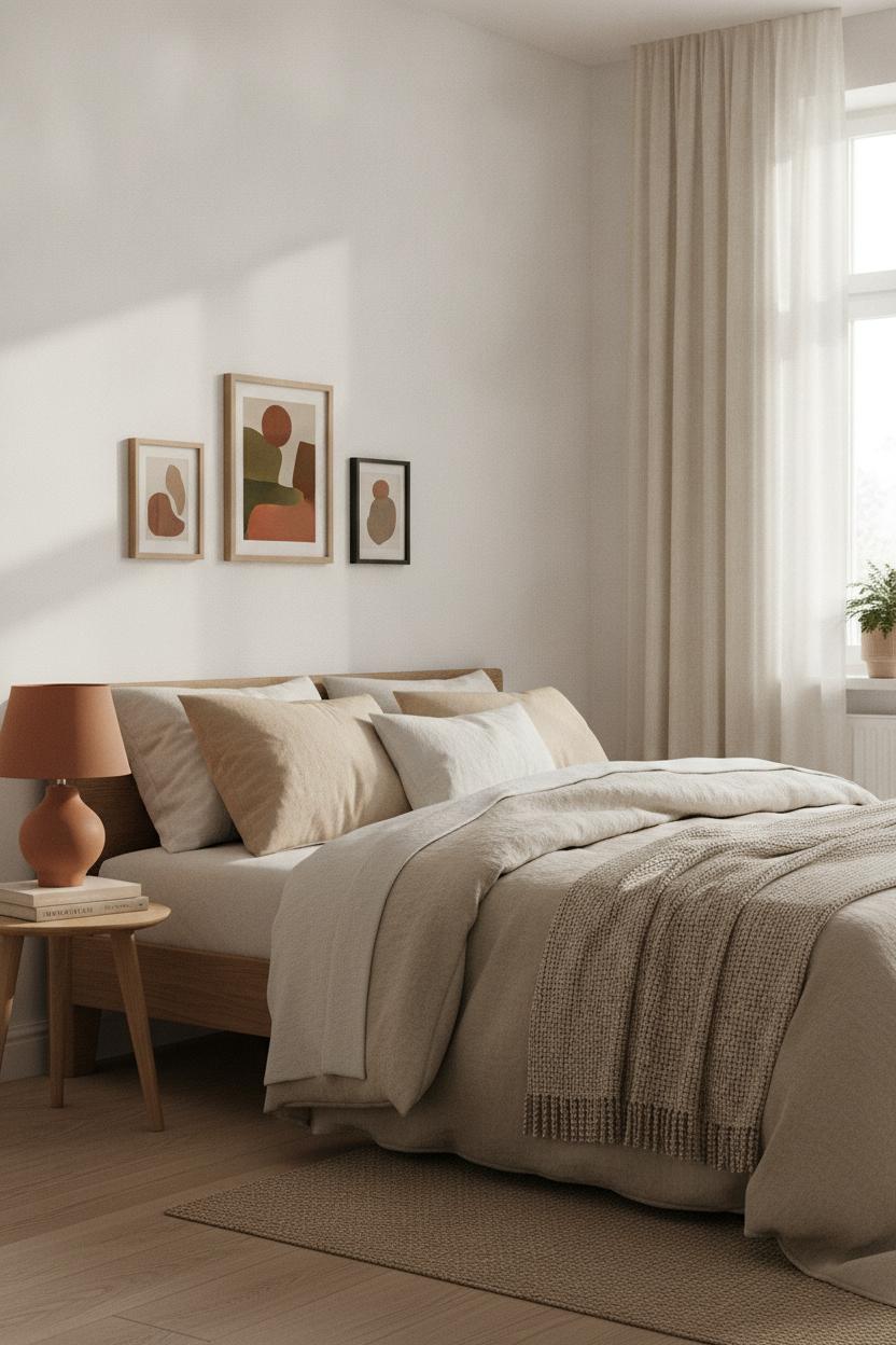 Minimalist bedroom with neutral layered bedding and terracotta lamp — a simple weekend home makeover on a budget