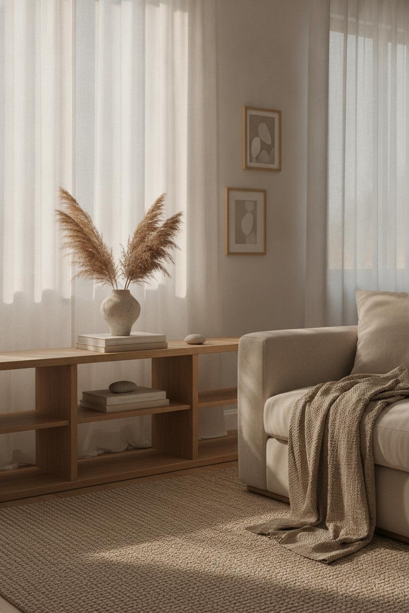 Minimalist living room with wooden shelf, pampas grass vase, and linen throw — weekend home makeover on a budget