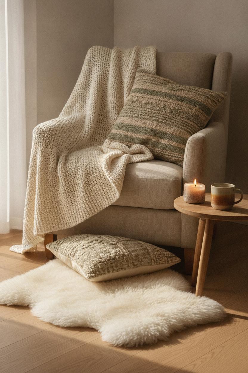 Cozy bedroom corner with chunky knit throw, linen armchair, and sheepskin rug — warm home interior styling tips