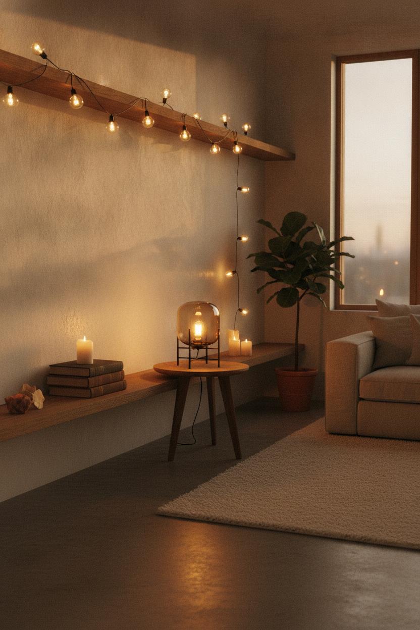 Warm home interior styling tips: cozy living room at dusk with Edison string lights, amber lamp, and candlelight on wooden shelves