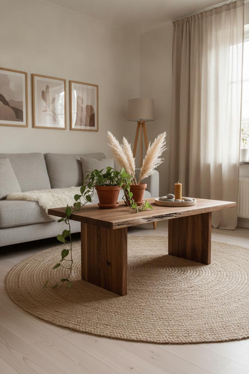 Scandinavian living room with walnut coffee table, pampas grass, and terracotta pots — warm home interior styling tips