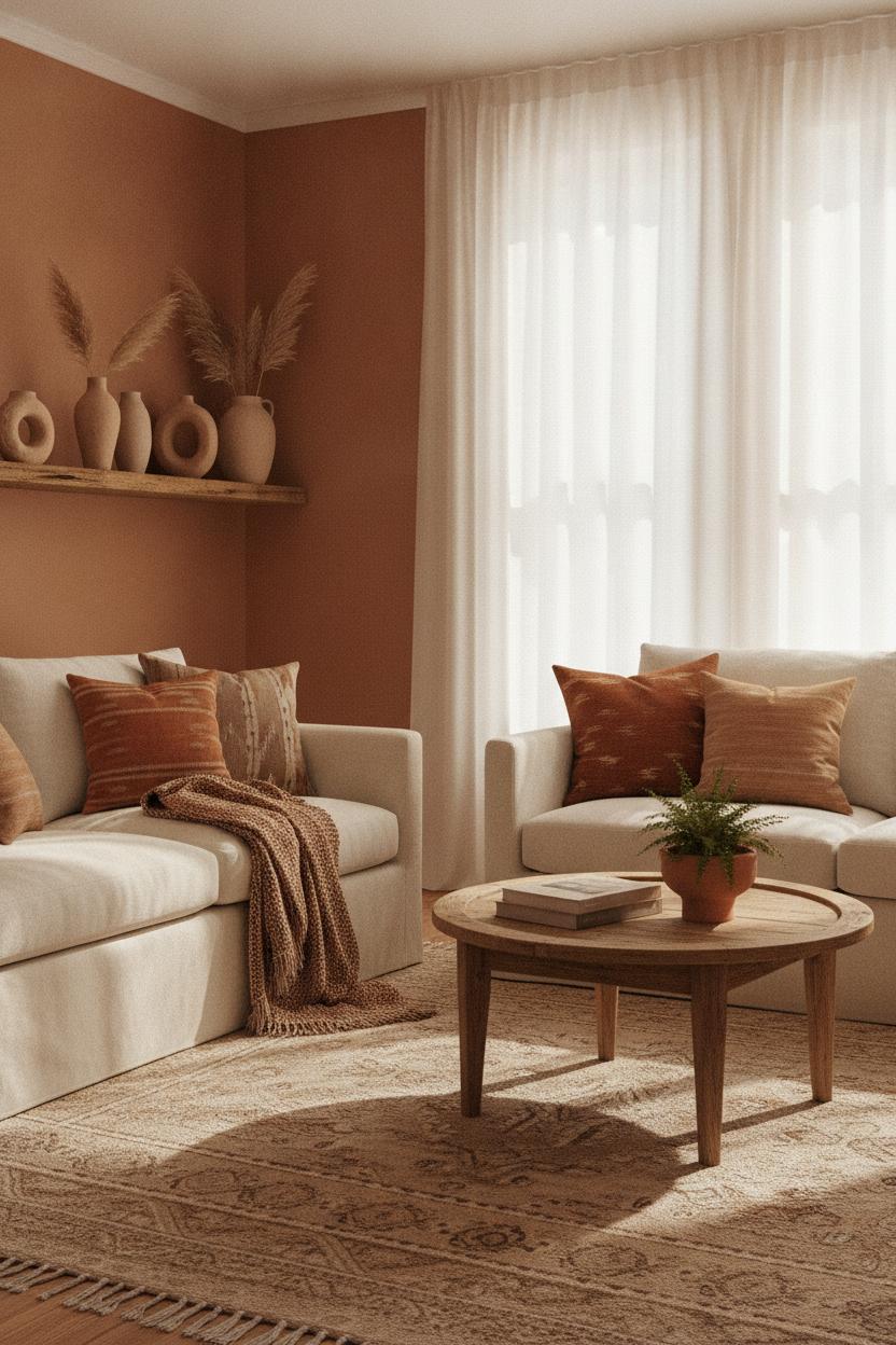 Cozy terracotta living room with cream linen sofas and clay vases — warm home interior styling tips in earthy tones