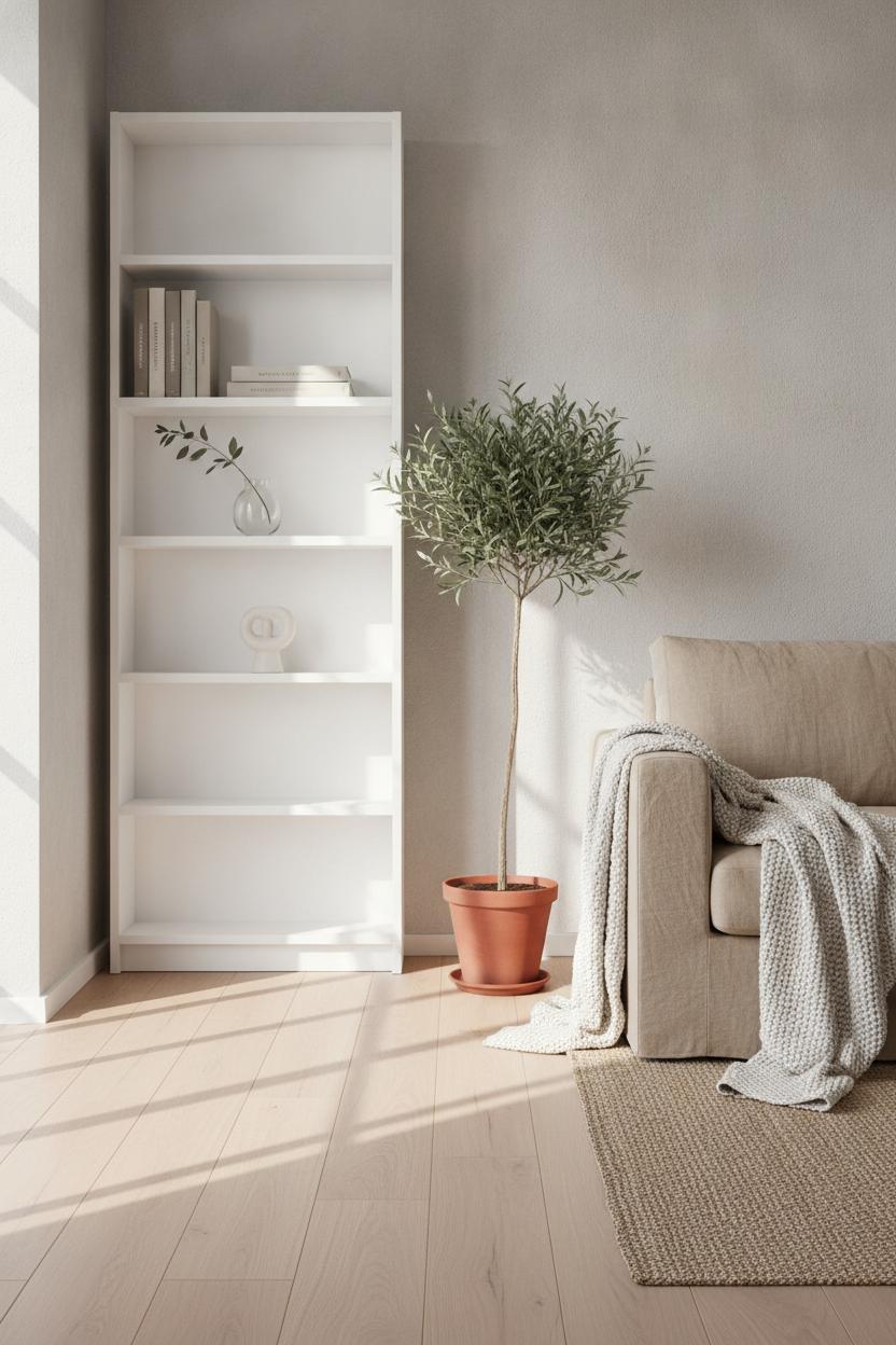Scandinavian living room with minimalist bookshelf and linen sofa — intentional living tips for beginners