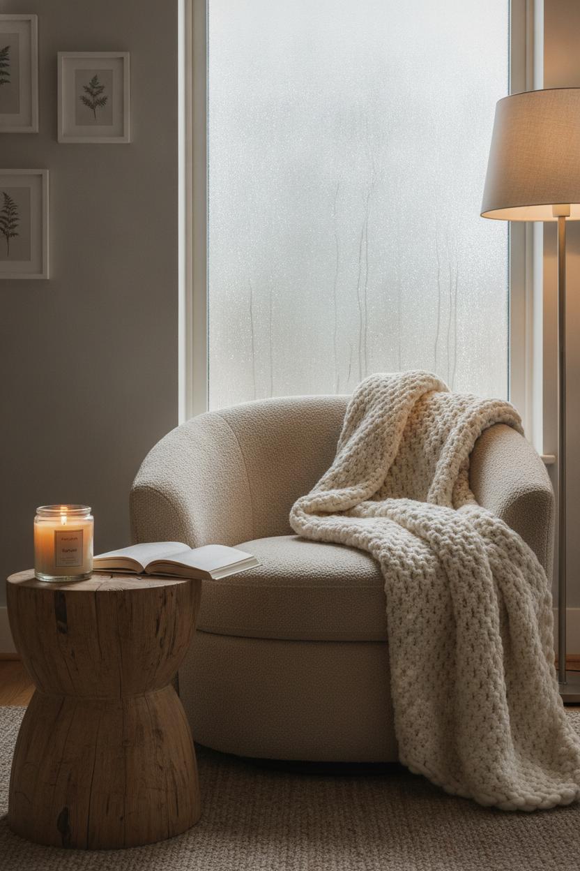 Cozy hygge reading corner with knit blanket, candle, and open book — intentional living tips for beginners