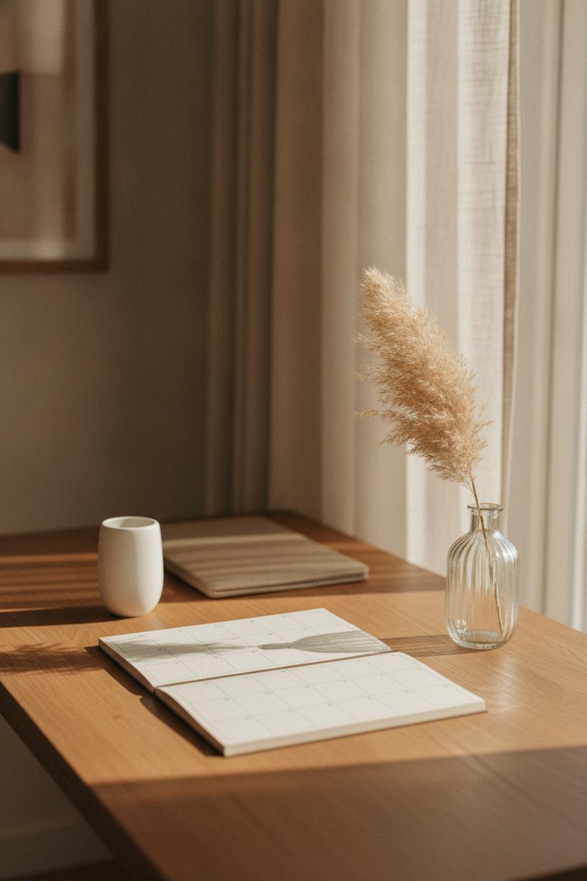 Minimal home office desk with kraft planner and pampas stem — intentional living tips for beginners