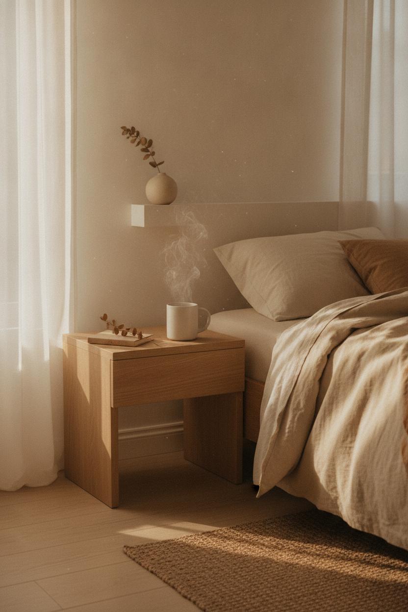 Minimalist bedroom nook at dawn with steaming mug, journal, and eucalyptus — intentional living tips for beginners
