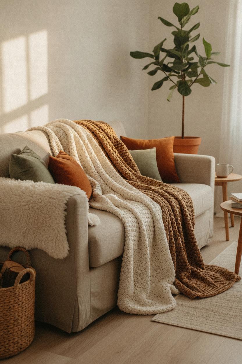 Cozy living room corner with layered knit throws and velvet pillows — cheap home updates that look expensive