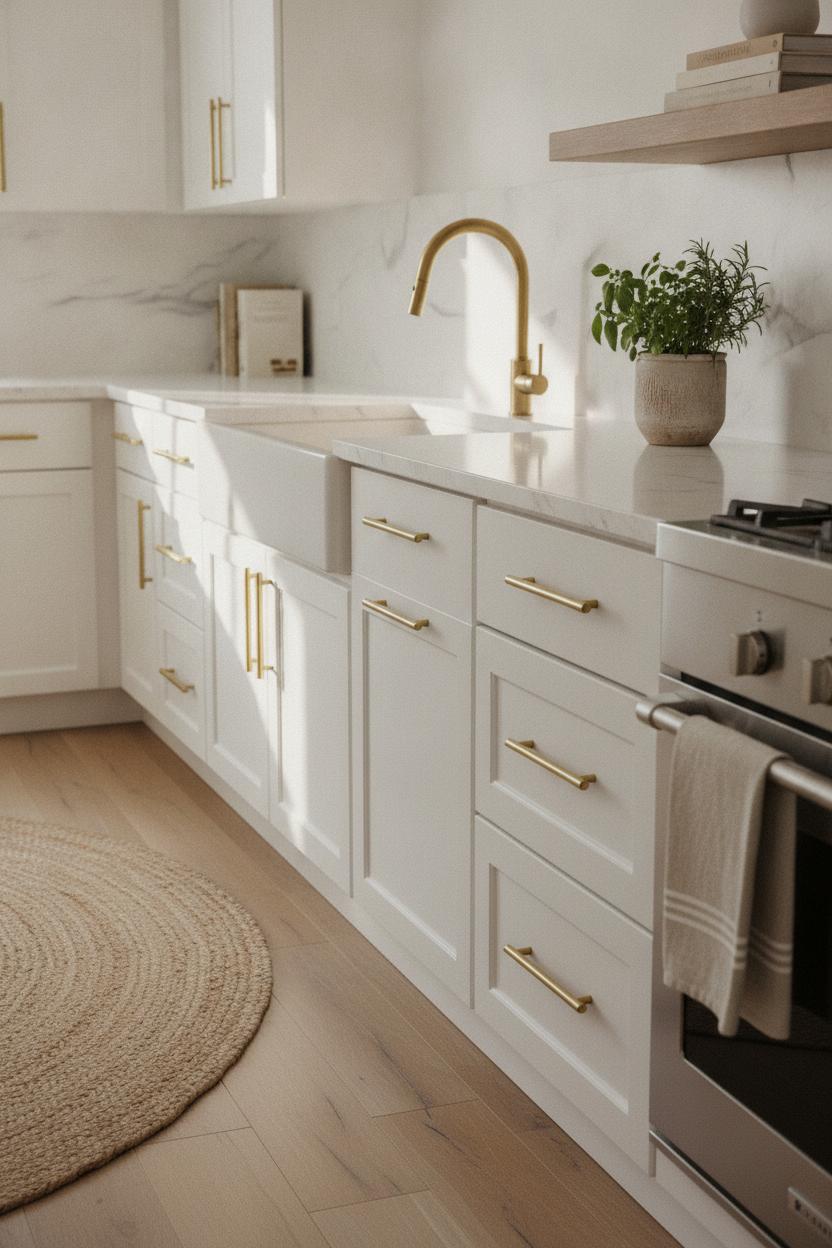 Bright minimalist kitchen with brushed brass cabinet pulls — a cheap home update that looks expensive and stylish.