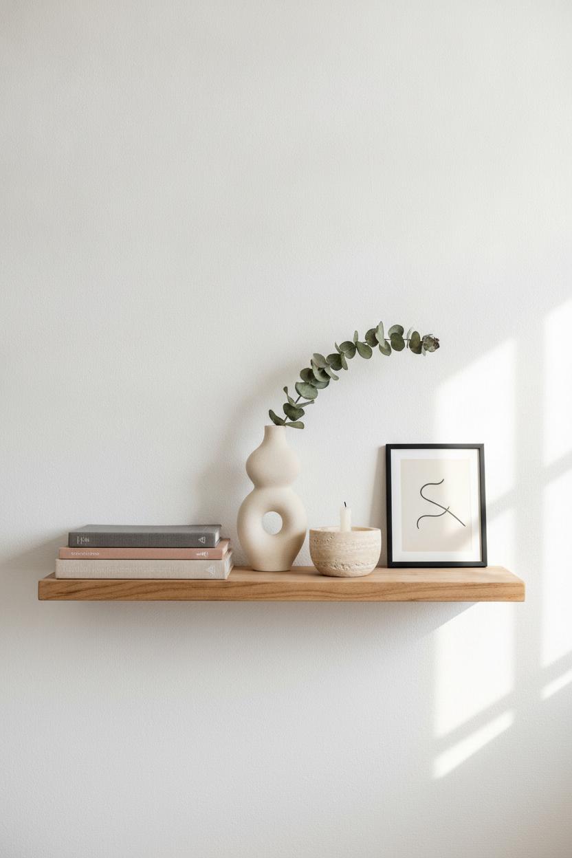 Styled floating wood shelf with ceramic vase, art books, and dried eucalyptus — cheap home updates that look expensive