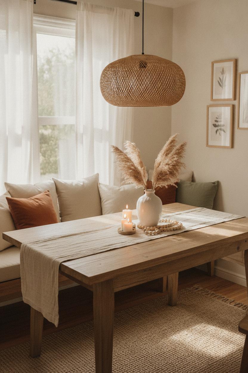 Cozy dining nook with rattan pendant light, wooden table, and pampas grass — cheap home updates that look expensive