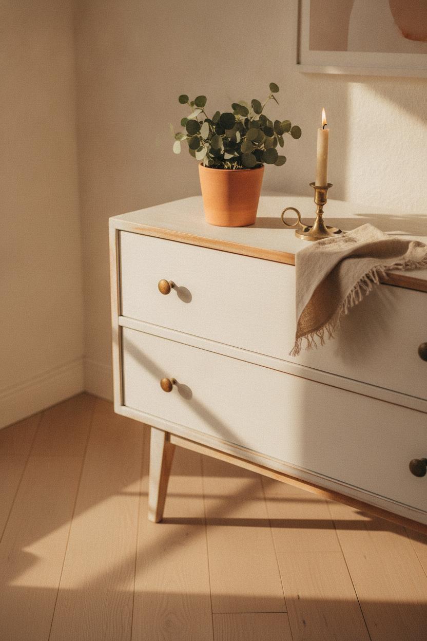 Thrift store home decor makeover: chalky white refinished vintage dresser styled with eucalyptus, brass candle, and linen