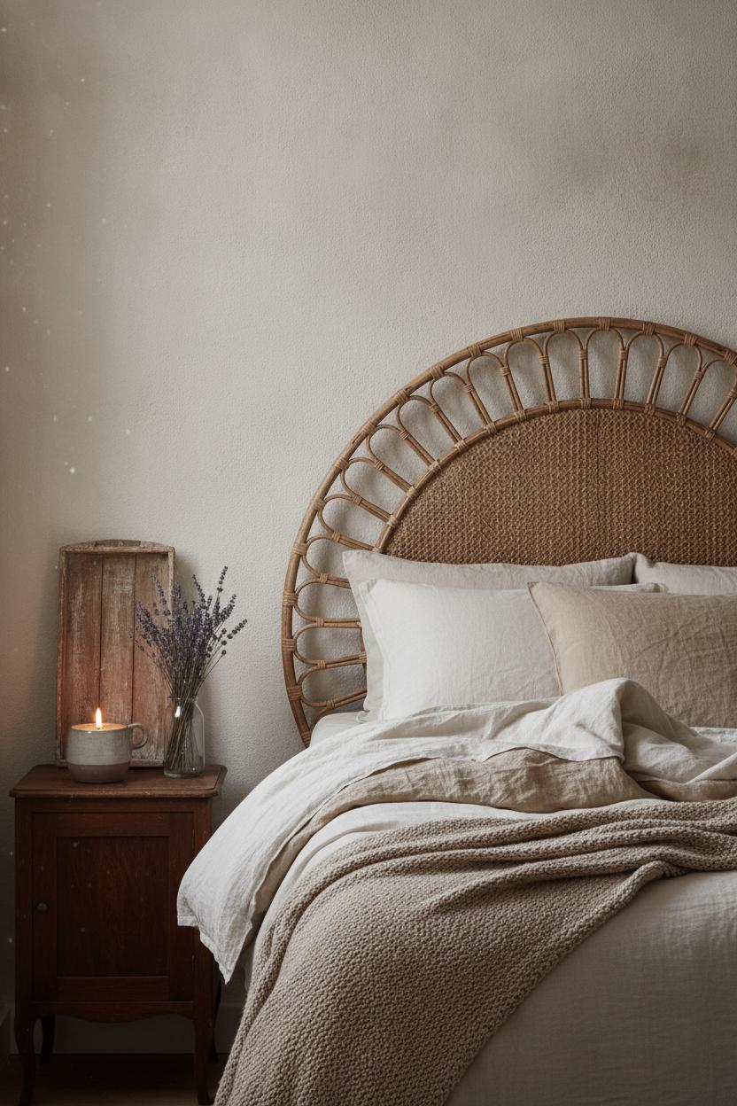 Cozy hygge bedroom corner with thrift store home decor makeover — rattan headboard, linen bedding, candle, dried lavender