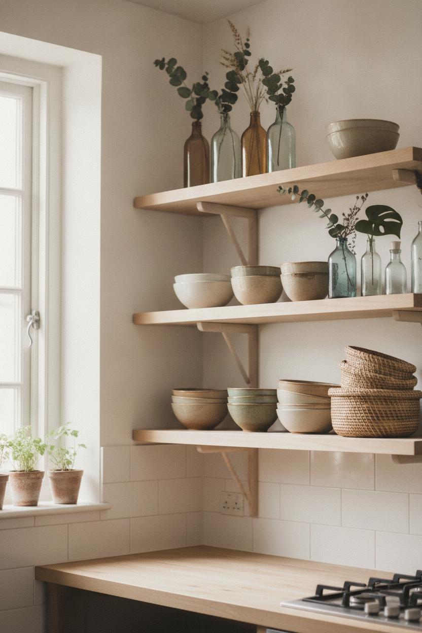 Styled kitchen shelves with thrifted stoneware, vintage glass vases & woven baskets — thrift store home decor makeover on a budget