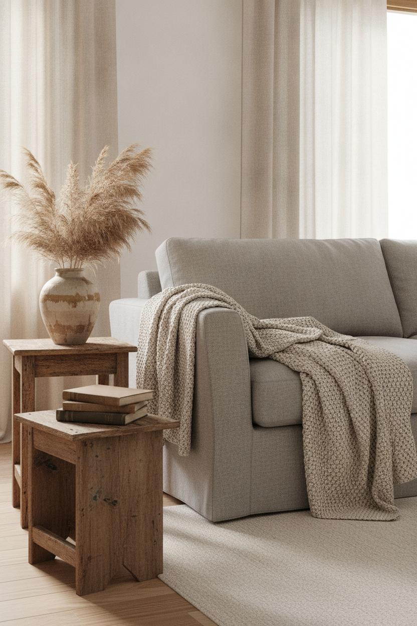 Cozy Scandinavian living room featuring thrift store home decor makeover with wooden tables, pampas grass, and chunky knit throw