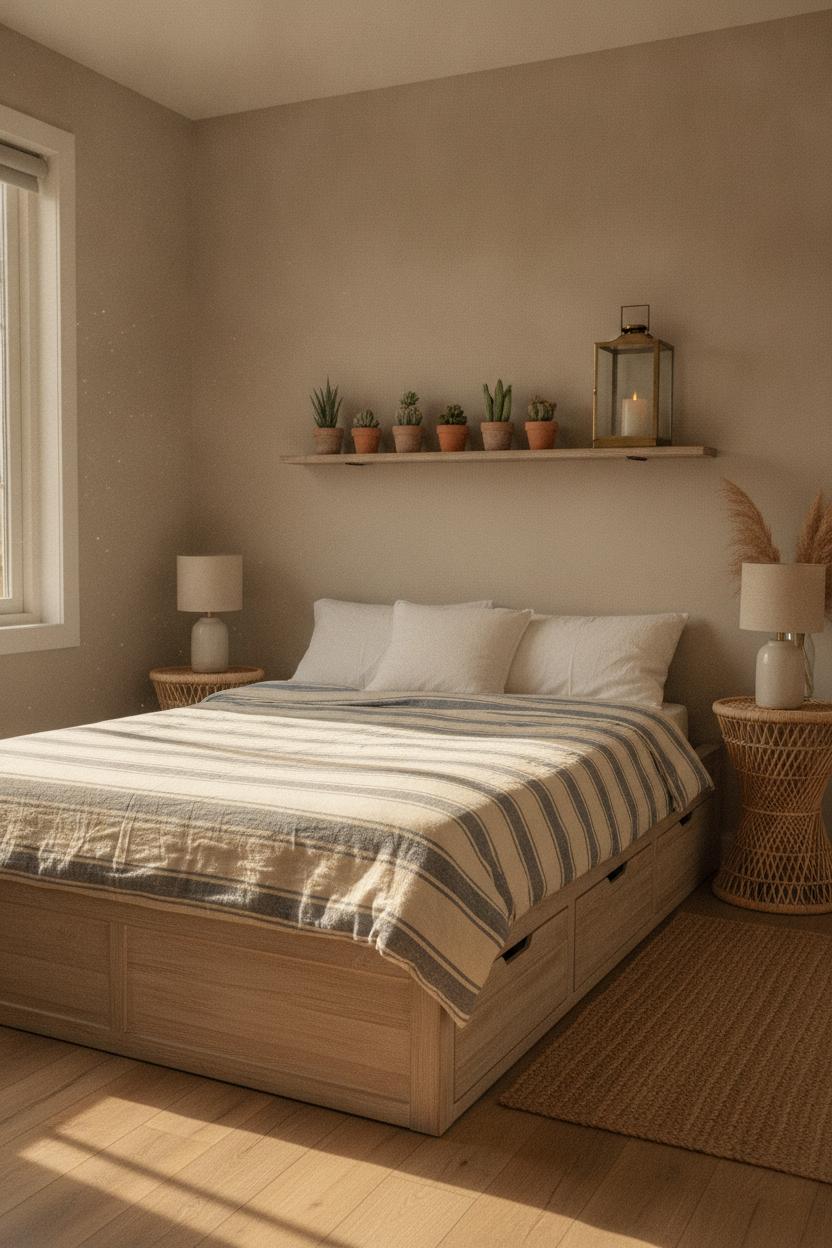 Compact coastal bedroom with storage platform bed and rattan nightstands — small beach house interior decorating tips