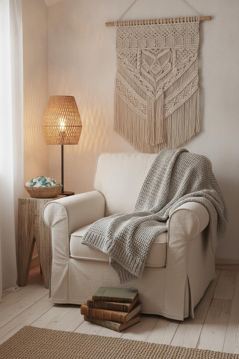 Cozy reading nook with macrame, chunky knit throw, and rattan lamp — small beach house interior decorating tips