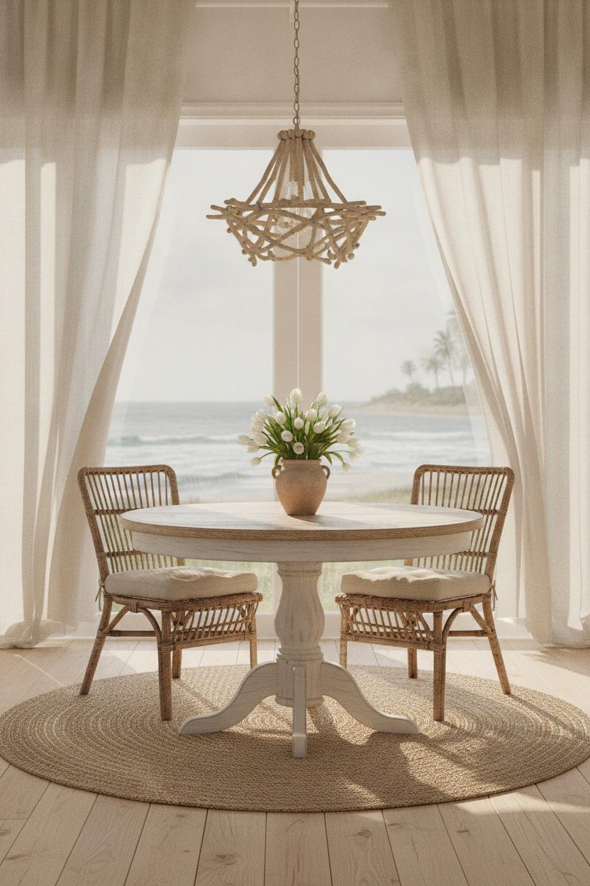 Coastal dining nook with round whitewashed table, rattan chairs, driftwood chandelier, and sheer linen windows — small beach house interior decorating tips