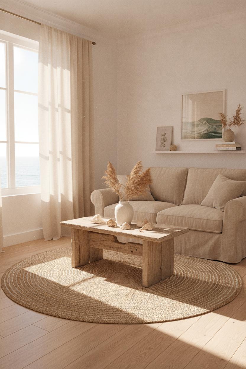 Bright small beach house interior with sandy linen sofa, jute rug, driftwood table, and coastal shells in natural light