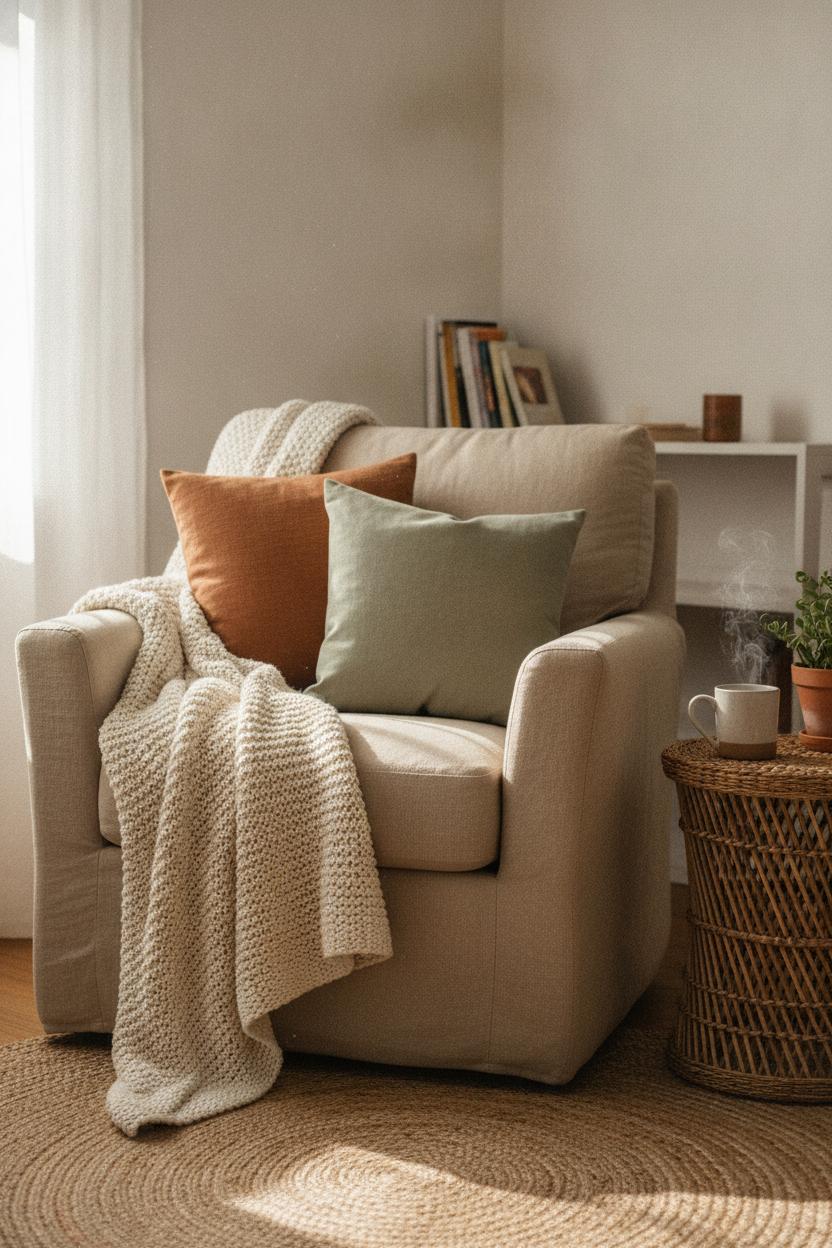 Cozy armchair with chunky knit throw and terracotta pillows—affordable small room transformation ideas with hygge styling