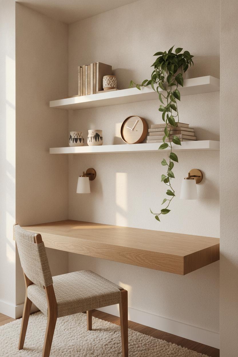 Cozy home office nook with floating shelves, pothos plant, and oak desk — affordable small room transformation ideas