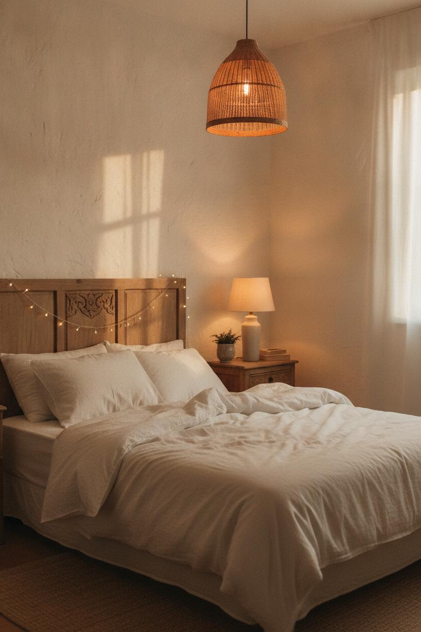 Cozy small bedroom with rattan pendant light and fairy lights — affordable small room transformation ideas using warm lighting