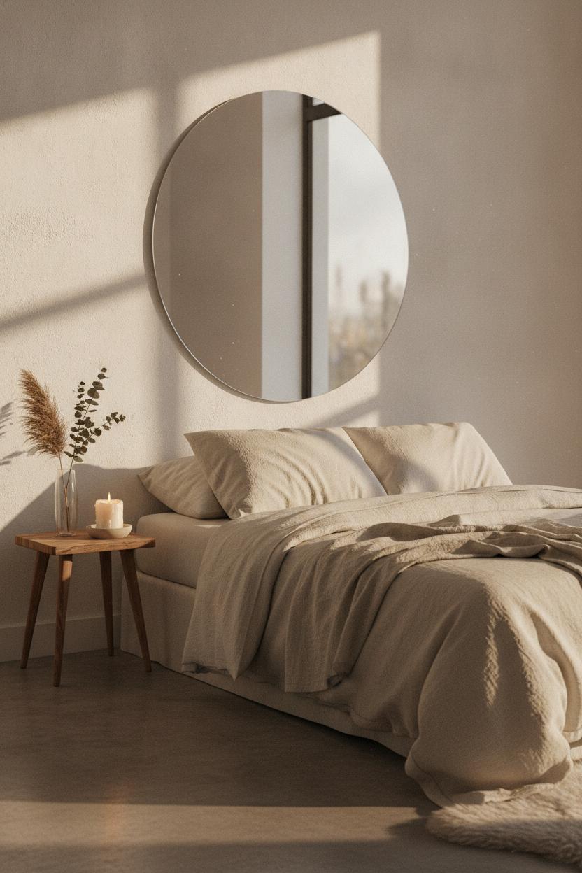 Minimalist bedroom with leaning round mirror and linen bedding — affordable small room transformation ideas using natural light