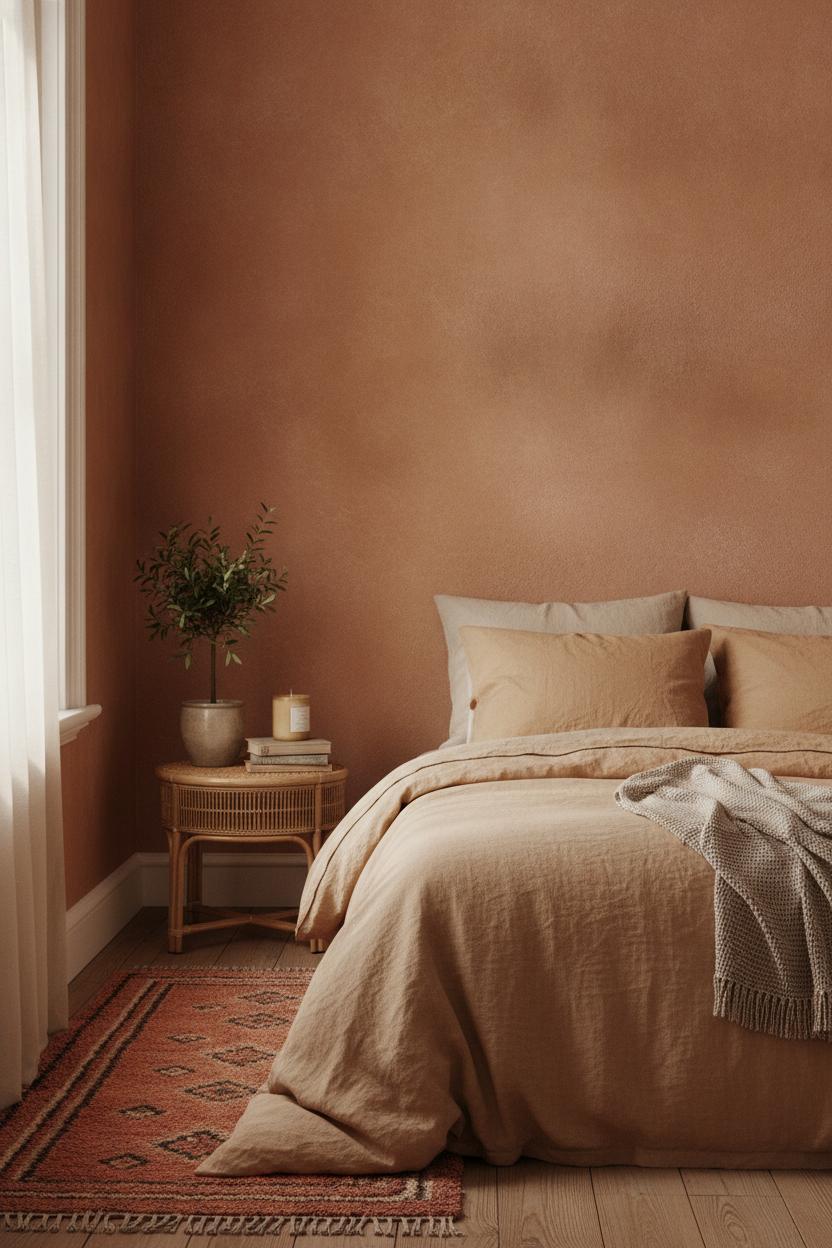 Cozy bedroom with terracotta walls, linen bedding, rattan table and Moroccan rug — earthy home decor trends interior design 2026