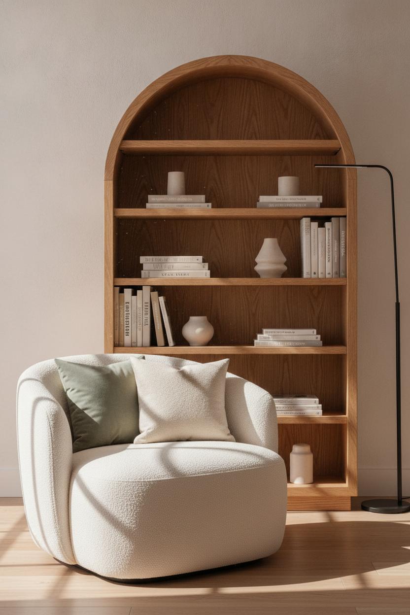 Curved cream boucle chair and oak arch bookshelf in a warm, minimal living room — home decor trends interior design 2026