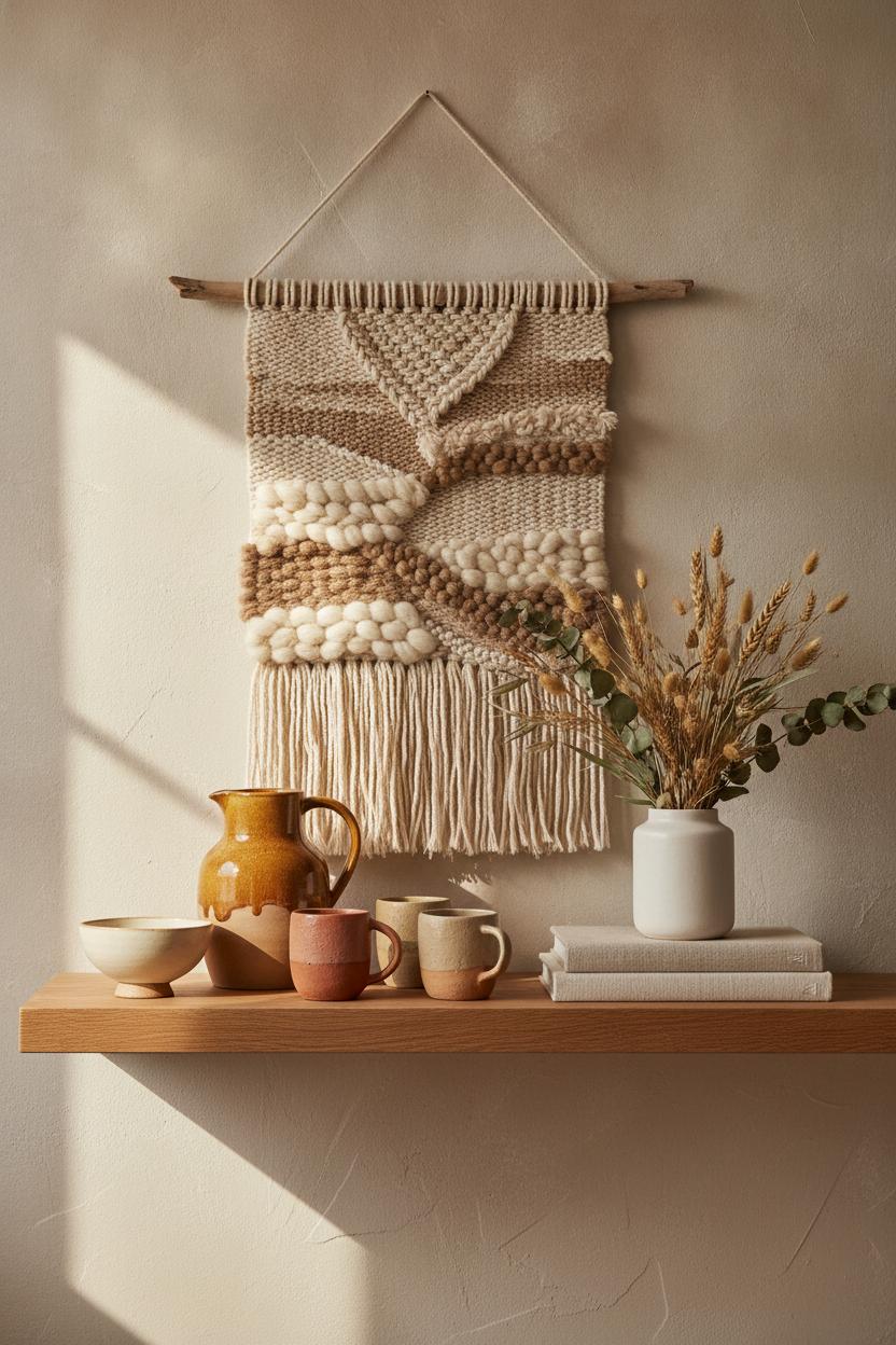 Artisan shelf styled with stoneware pottery, woven wall hanging, dried botanicals — home decor trends interior design 2026