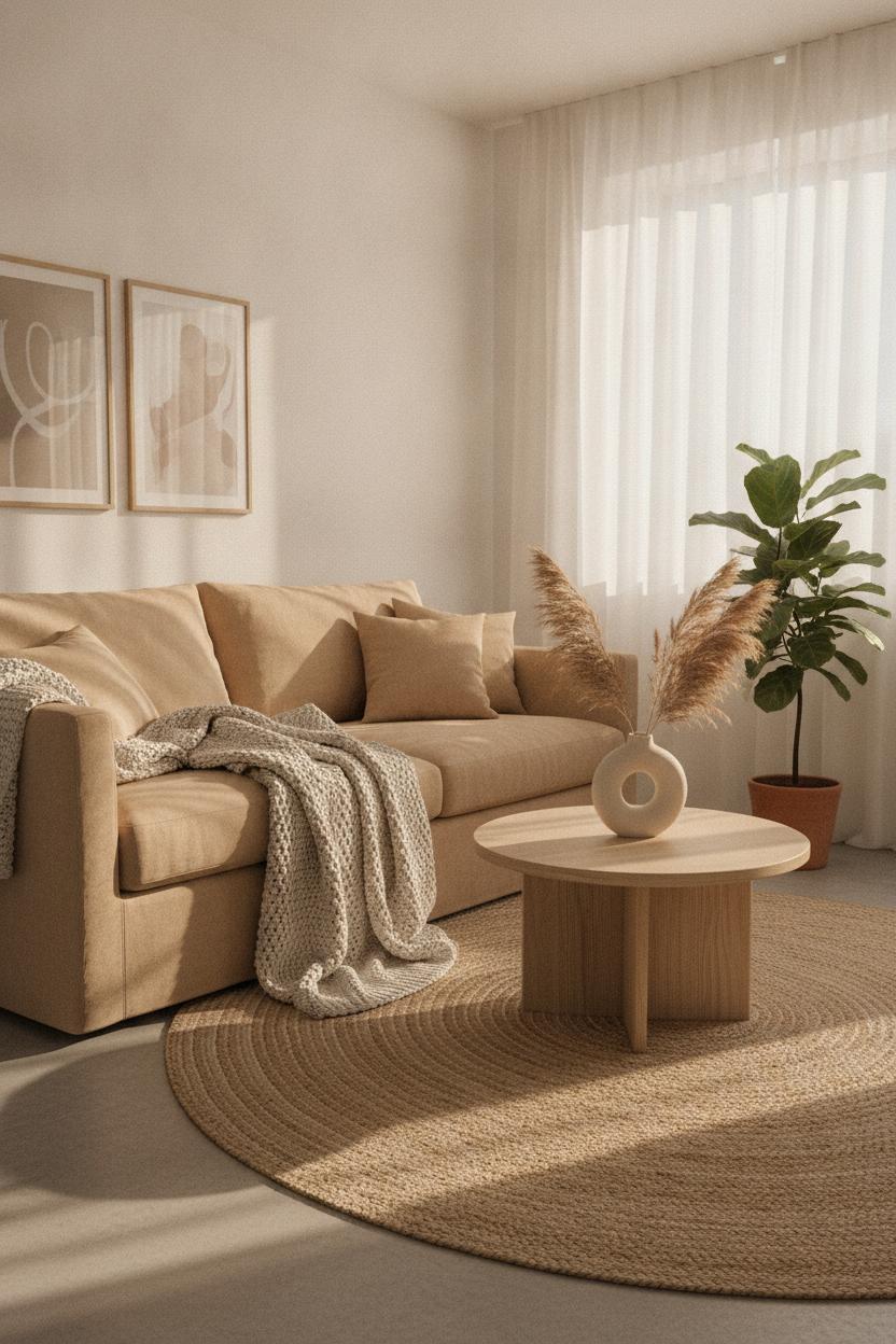 Minimalist Scandinavian living room with linen sofa, chunky knit throw, and pampas grass vase — home decor trends interior design 2026