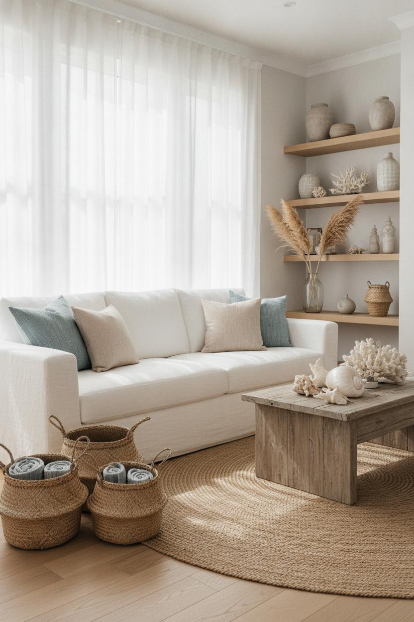 Modern coastal living room with white linen sofa, driftwood table, and pampas grass — coastal decor style distinct from boho