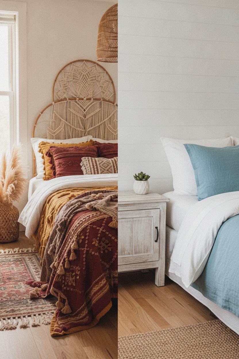 Boho vs coastal decor style differences: mustard macrame bedroom beside soft blue linen bedding with driftwood nightstand