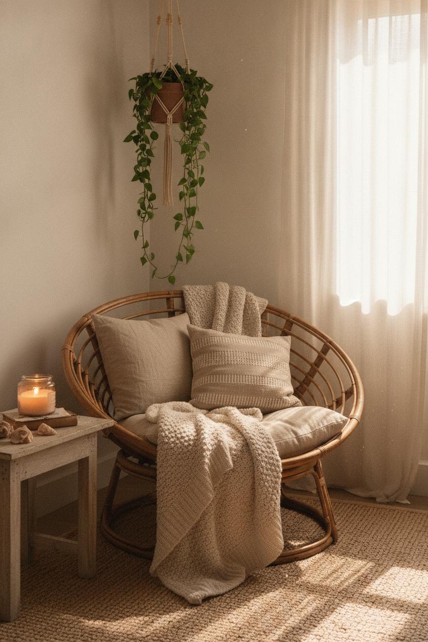 Eclectic reading nook blending boho vs coastal decor styles with rattan chair, seashells, and pothos plant