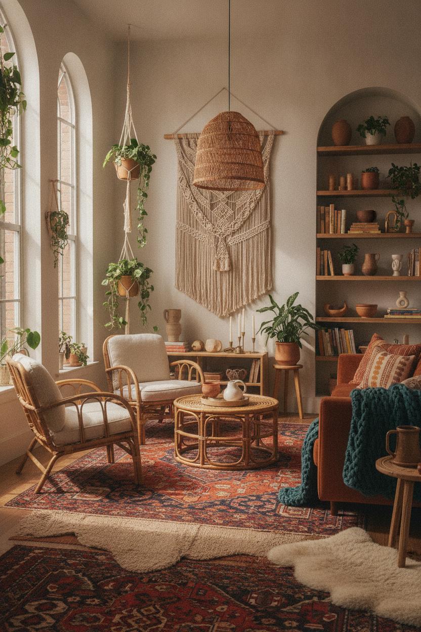 Cozy bohemian living room with rattan furniture, macrame, and layered rugs showcasing boho vs coastal decor style differences