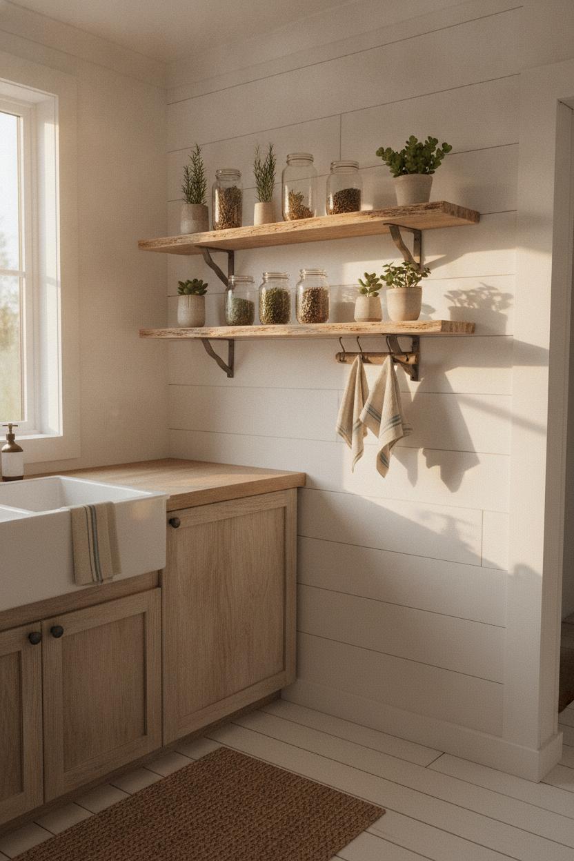 Coastal boho kitchen decor ideas with driftwood floating shelves, glass herb jars, succulents, and linen towels on shiplap wall