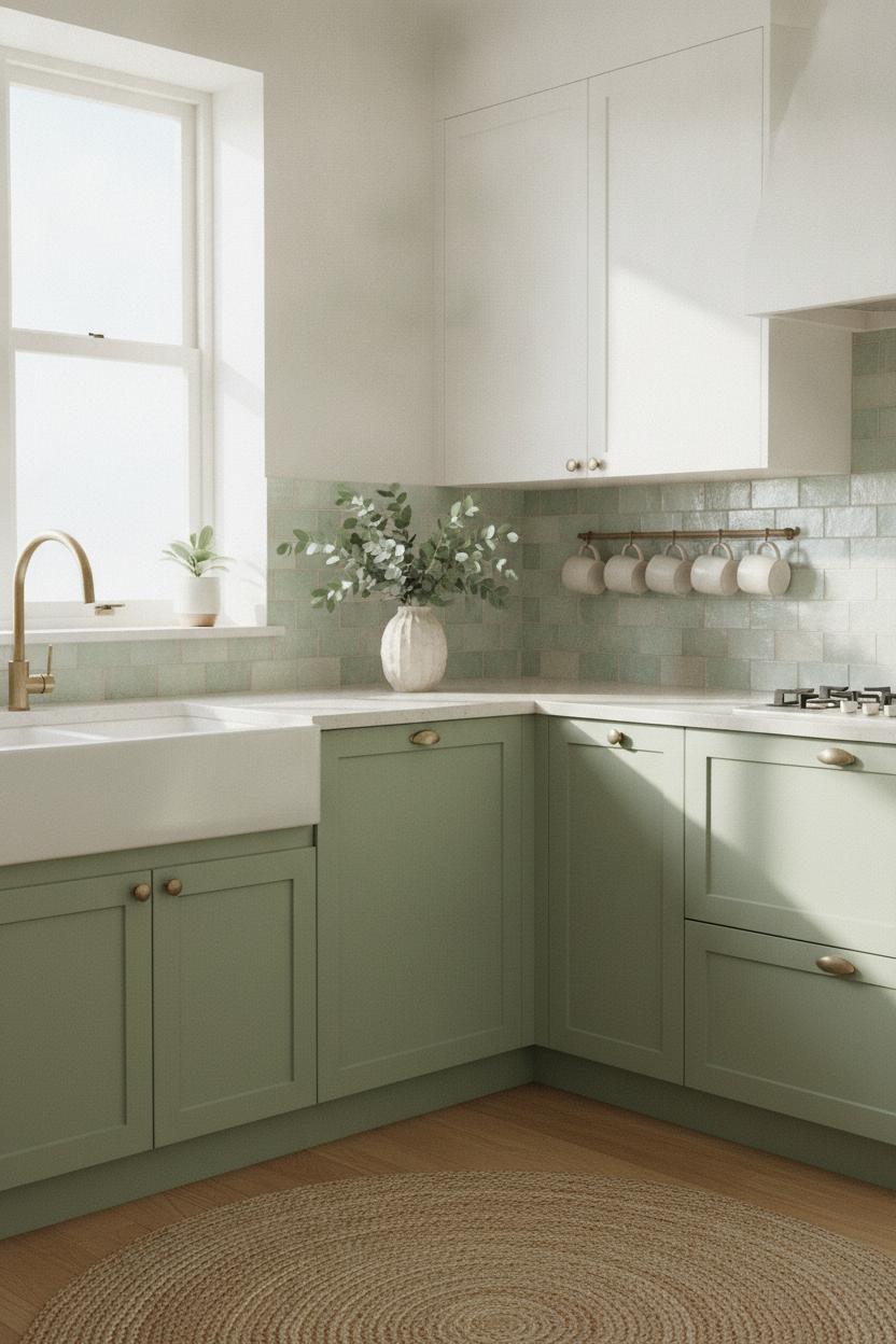 Coastal boho kitchen decor ideas with sage green cabinets, zellige tile backsplash, and eucalyptus in a ceramic vase
