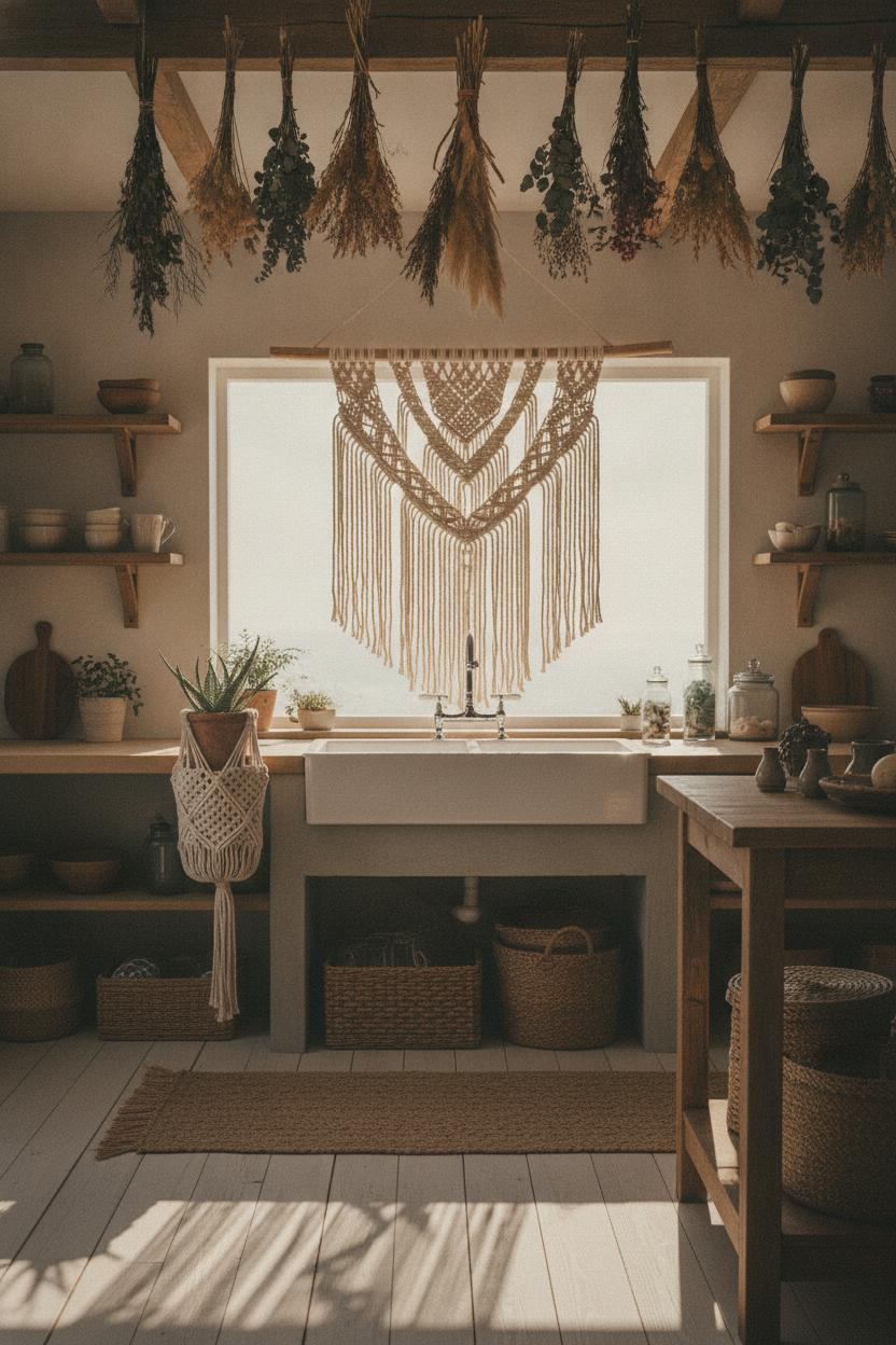 Cozy coastal boho kitchen decor ideas with macramé wall hanging, jute runner, and dried botanicals in warm natural light.