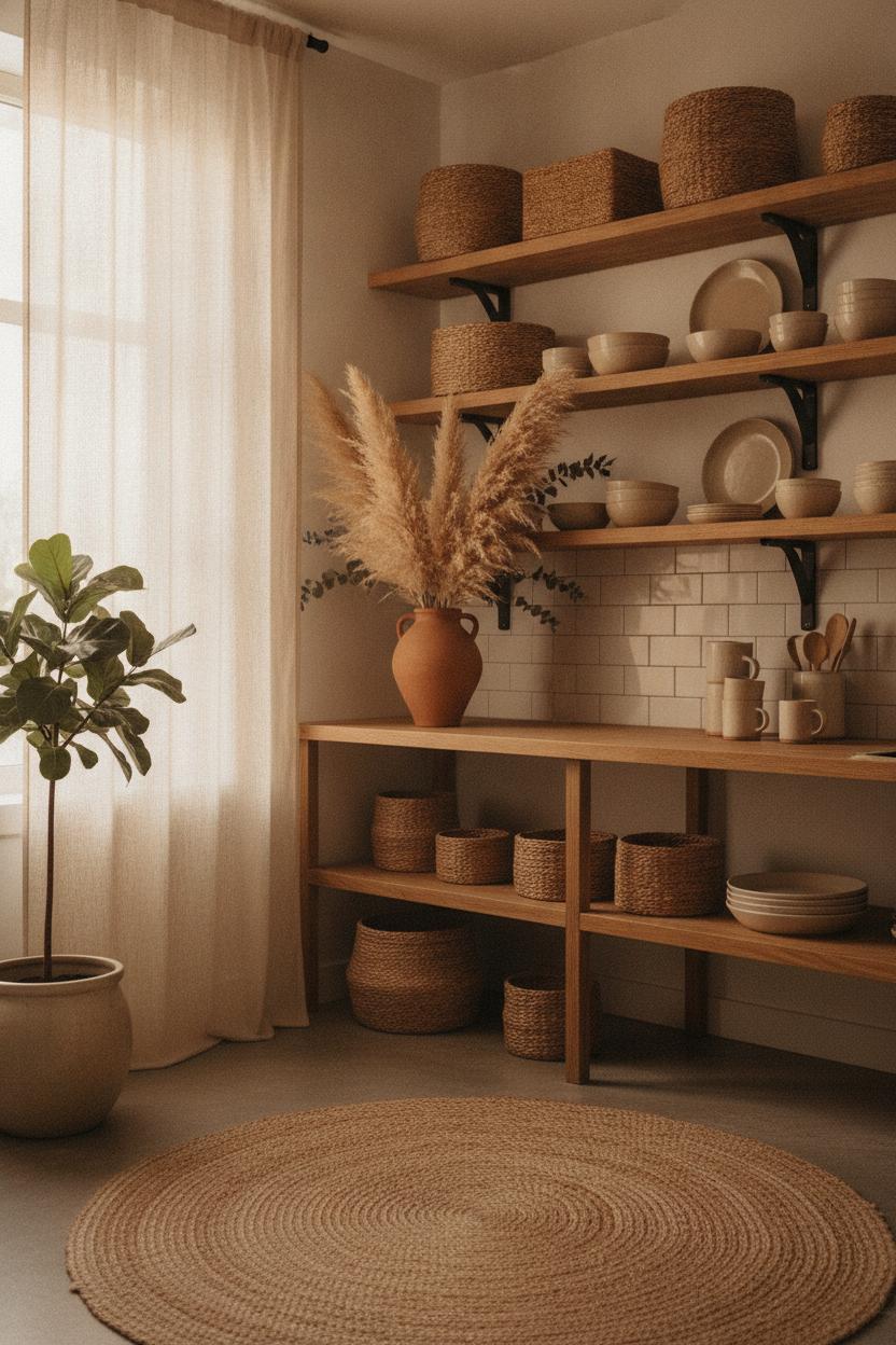 Coastal boho kitchen decor ideas: open shelves with rattan baskets, ceramic bowls, and pampas grass in morning light